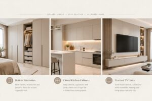 Built-in wardrobes, closed kitchen cabinets and practical TV units can help keep everyday items out of sight