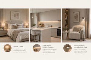  Bedside lamps, lights above kitchen counters, and focused lighting near a reading chair